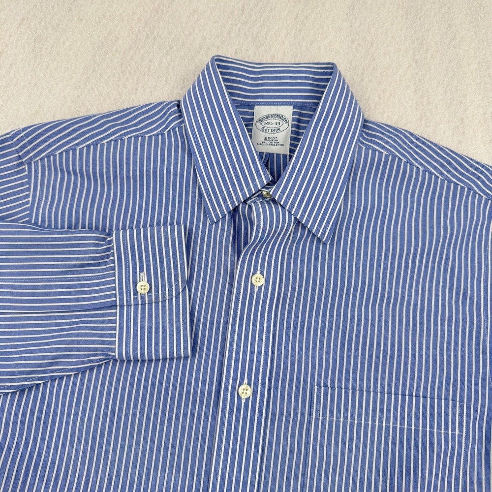 Brooks Brothers Mens Slim Fit Non-Iron Dress Shirt 14.5-33 Blue Striped Business